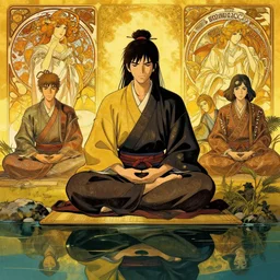 intricately detailed, samurai meditating by a serene reflection pool, feudal japan, intense, vivid complementary colors, beautiful linework, octane render, professional concept art by rutkowski, mohrbacher, jonathan hickman, miyamoto mushashi, ghibli, alphonse mucha, reads, ross tran, rutkowski, grenier, octane render, marvel, dc, dnd, cinematic, golden