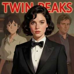 Twin Peaks poster artwork by Michael Whelan and Tomer Hanuka, Karol Bak, Rendering of girl in tuxedo with black wavy short haircut, elegant, 2d, ultra highly detailed, digital painting, smooth, sharp focus, artstation, trending on artstation, art by Ilya Kuvshinov, from scene from Twin Peaks, full of details, by Makoto Shinkai and thomas kinkade, Matte painting, trending on artstation and unreal engine