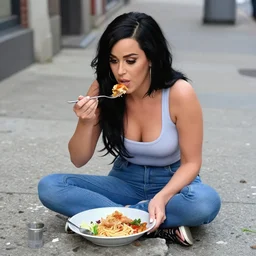 Homeless Katy Perry eating her dinner on a dirty sidewalk in New York City, urban grunge, grand theft auto art