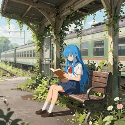 advanced digital art. an abandoned train station overgrown with vines and flowers, A beautiful girl with long blue hair is sitting on a bench reading. Digital Anime painting. Drawn by Sakimichan, WLOP, RossDraws, pixivs and Makoto Shinkai, trending. —H 2160