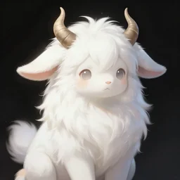 sympathetic fantasy creature with fluffy all-white fur coat, drooping ears, and cute little horns. Digital painting in anime style.