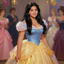 beautiful thirty year old woman with long black hair, tan skin, curvy hourglass figure, round cute face, slightly resembles selena gomez wearing a colorful disney princess gown at her birthday party. beautiful painting by lois van baarle and artgerm