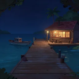 a quiet pier at night with a single boat by a tavern in the style of Monkey Island: 2