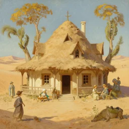 A beautiful matte painting of a desert fantasy inn by Alphonse Mucha, Clyde Caldwell,Brothers Hildebrandt, thomas kincade, trending on artstation