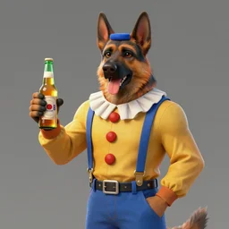 a humanoid german shepherd beast - man in clown style, holding a bottle of beer, artstation, concept art, smooth, sharp foccus ilustration, artstation