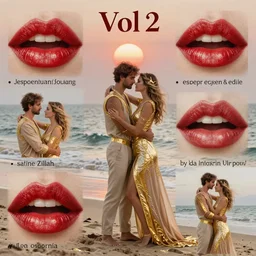 couple, man and woman on the beach in pose of couple vol 2 photo reference pack for artists, spirit hugs, gold trim, atmoshperic, elegant, sharp focus, sand sea, red sun, huge lips, poses by satine zillah, environment by jesper ejsing and eddie mendoza, art by by ilya ozornin, artstation, intricate details