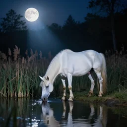 a white unicorn stands in a moonbeam drinking from the lake edge at night. reeds grow in the shallows and the forest backdrop lies in shadow