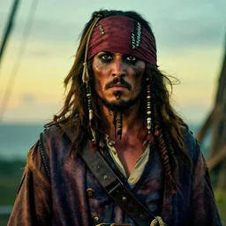 photo portrait of hooded pirate, hood over face, rope on arm, hidden face, caribbean pirate with a brown coat with a rope on shoulder, rugged and dirty, cinematic lighting at sundawn, movie color grading