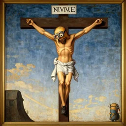 crucifixion of despicable me minion, medieval painting, titian painting, late renaissance painting