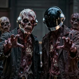 rotten scary zombies with daft punk duo helmets.