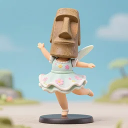 a wholesome femo figurine of a cute funny moai fairy with freckles wearing a frilly floral moai dress featured on dark souls by studio ghibly and h r giger made of easter island head, pastels, wide angle, dynamic dancing pose, 🎀 🗿 🧚
