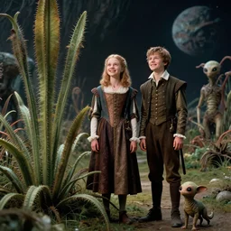 detailed, sharp, a girl and a boy standing next to some strange wild alien plants, looking happy, wearing 1530s era clothes, their small pet tiny alien creature is standing nearby, in a park on a strange alien planet, extremely highly detailed, in focus faces, 70mm still from a classic period sci fi color blockbuster movie, 4k, 35mm macro lens, high quality lighting, sharp focus