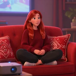 photograph of red hair girl with a dark red winter sweater and black sweat pants sitting comfortable in a red persian sofa with red persian pillows, projector in the room with a movie, warm lighthing, digital art, pixar, disney, beautiful