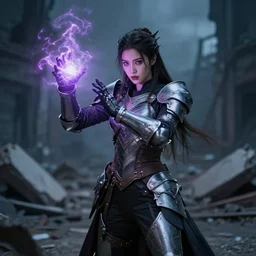 beautiful sorceress girl in full battle gear, casting a spell, in a destroyed city, moody lighting, 8 k, shallow depth of field, cinematic lighting,