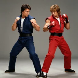 Still of Tom Cruise as Ryu and Owen Wilson as Ken in Street Fighter, full body and ready to fight
