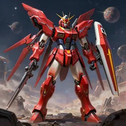 red vibe gundam mobile suite armor in the battlefield, mar planet, futuristic style, intricate, highly detailed, digital painting, artstation, concept art, smooth, sharp focus, illustration, unreal engine 5, 8 k, art by artgerm and greg rutkowski and alphonse mucha