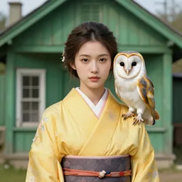 1 0 0 mm f 2. 8 portrait of a ( ( ( ( beautiful woman ) ) ) ), wearing a yellow kimono!!, very detailed barn owl on her shoulder. in a old green house. elegant, highly detailed, digital painting, artstation, concept art, symmetry, smooth, sharp focus, illustration, art by artgerm and rutkowski and mucha by theodore r