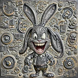 A extremely highly detailed majestic hi-res beautiful, highly detailed head and shoulders portrait of a scary terrifying, horrifying, creepy black cartoon rabbit evil laughing standing up wearing pants and a shirt in the style of Walt Disney