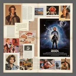 A mid-century modern collage, made of random shapes cut from fashion and science magazines and text books, of 2001: A Space Odyssey film poster.