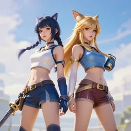 ahri and sona standing in front of a sky background.