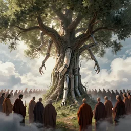 biomechanical arms and legs growing out of a tree, intricate details, finger branches, a crowd of robed worshipers, backlit, clouds, concept art, by greg rutkowski