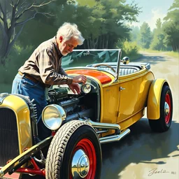 bob ross painting a 1 9 2 8 chevy roadster