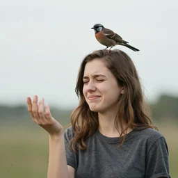 girl with brown hair flicking her bean. moaning, bird on her head