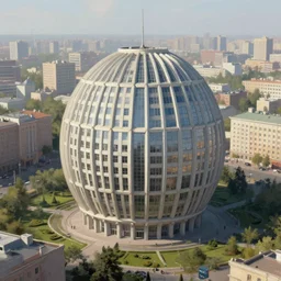 external view. torus shaped building surrounded a garden. soviet brutalist architecture, dense cityscape. sharp focus, smooth, hd, detailed, digital painting trending on art station.