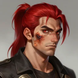 portrait, 30 years old man :: red hair ponytail :: burned face :: high detail, digital art, RPG, concept art, illustration, Deviantart
