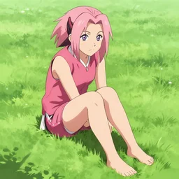 Sakura Haruno sitting barefoot on the grass, trending on artstation