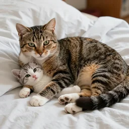 mama cat and her kitten relaxing on a bed,
