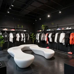 venta black nike boutique flagship retail. gothic styled black interior. white sensual flowing furniture!!! with colorful shoes and varied clothes. low ceilings with rails and spots. plants. muted colors. architectural photography, 8 k, realistic lighting, reflections, bloom, hyperdetailed environment, pbr materials.