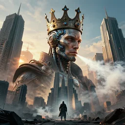 portrait of a futuristic king, neo - industrial, cybernetic crown, at dawn, totalitarian dystopia, double exposure, wide angle, tear gas, high contrast, totalitarian, brutalist architecture, hyper - realist, sharp focus, vibrant colors, detailed, volumetric lighting, impactful masterpiece, by wayne barlowe, by ivan aivazovski, unreal engine, cgsociety