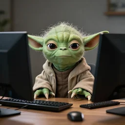 photo of yoda behind a pc