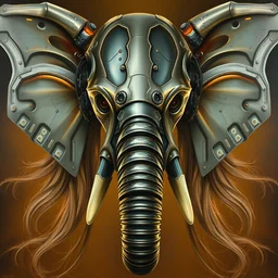 perfectly centered portrait, front view of a beautiful biomechanical android alien robot elephant, female, flowing hair, intense stare, sarcastic smile, symmetrical, concept art, intricate detail, volumetric shadows and lighting, realistic oil painting by tim hildebrandt,