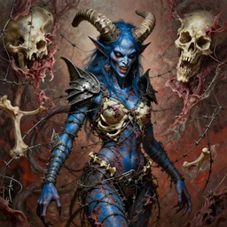 A creepy armored horned fanged demon woman with blue scarred skin wrapped in barbed wire. Extremely high detail, realistic, fantasy art, solo, bones, textured,  masterpiece, saturated colors, intricate ominous visionary concept art tangled, ripped flesh, art by Zdzisław Beksiński, Arthur Rackham, Dariusz Zawadzki