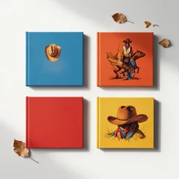 flatlay cowboy book collection, vivid colors, dramatic lighting, minimalist and clean, scattered brown leaves