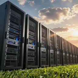 server room in datacenter, pacing, computers, racks, motherboard, cinematic view, epic sky, detailed, concept art, low angle, high detail, warm lighting, volumetric, godrays, vivid, beautiful, trending on artstation, by jordan grimmer, huge scene, grass, art greg rutkowski