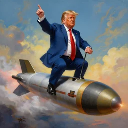 masterpiece painting of donald trump riding a nuclear missile, surreal background, digital art by krenz cushart, trending on artstation, cgsociety,