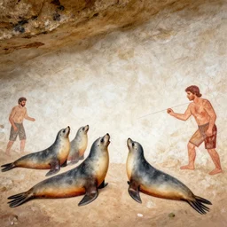 seals being hunted by men, prehistoric cave painting
