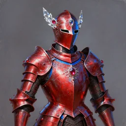 avant - garde style painting of full plate armor of crimson metal with azure blue lining and studded with rubys worn by fey king, impressive helmet, magic, enchanted, intricate, crystal, 8 k, artstation trending, masterwork