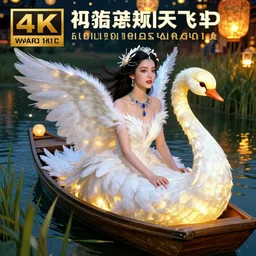 hyperrealistic portrait of a woman in a boat at the river grass chinese flying lanterns festival wearing white swan dress long feathers and sapphire jewellery by jeremy mann and alphonse mucha, fantasy art, photo realistic, dynamic lighting, artstation, poster, volumetric lighting, very detailed faces, 4 k, award winning