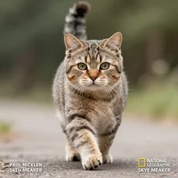 award winning wildlife photography, a fat young house cat running towards the camera , high shutter speed, wildlife photography by Paul Nicklen, shot by Joel Sartore, Skye Meaker, national geographic, perfect lighting, blurry background, bokeh