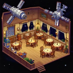 a open plan area with a restaurant at the side, on a space station, from a space themed lucasarts point and click 2 d graphic adventure game, art inspired by thomas kinkade
