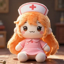 cute fumo plush of a girl in a nurse costume, pink and orange, anime girl