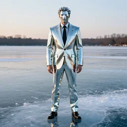 full shot photograph of a man wearing a suit made of mirrors on a frozen lake, photorealistic photograph cinematic lighting intricate detailed 8 k resolution