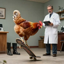 chicken doing cool skateboard tricks while a mad scientist takes notes. stock photo.