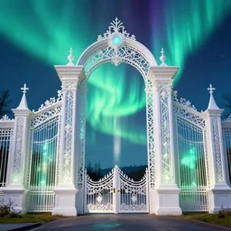 a very detailed concept art of intricate and well designed white gates to aurora borealis infused with magic by wes anderson, dynamic lighting trending on artstation, symmetry, digital art, 4 k, hyper realistic, octane render, sharp focus