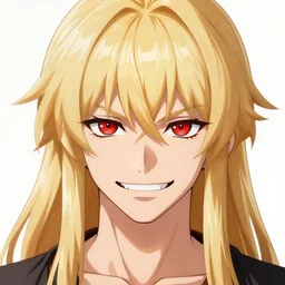 Tall anime guy with red angry eyes, smiley grin, detailed angry anime face, blonde long hair, blonde beard, tanned skin, with a boxer gear, in a fighting stance, digital painting, artstation, concept art, soft light, hdri, smooth, sharp focus, illustration, art by tian zi and craig mullins and WLOP and alphonse mucha, MIHOYO STYLE visual novel sprite, character design