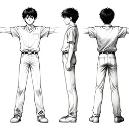 concept art, front, side, and back view, arms outstretched, modeling anime reference sheet, lineart, orthographic view, ink, varying thickness, manga pen, in the style of masaaki yuasa, 3 d modeling concept sheet, white background